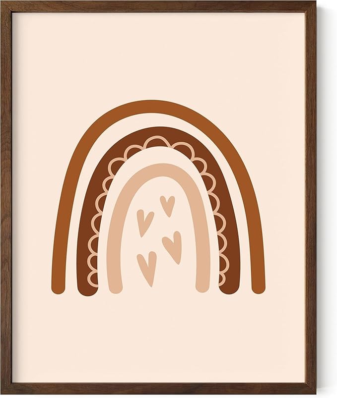 Boho Nursery Rainbow Wall Art with Hearts Earth Tones Terracotta Brown Scandi Minimalist Style 11x14 Inch Oak Wood Walnut Framed Playroom Decor Print for Kids Room