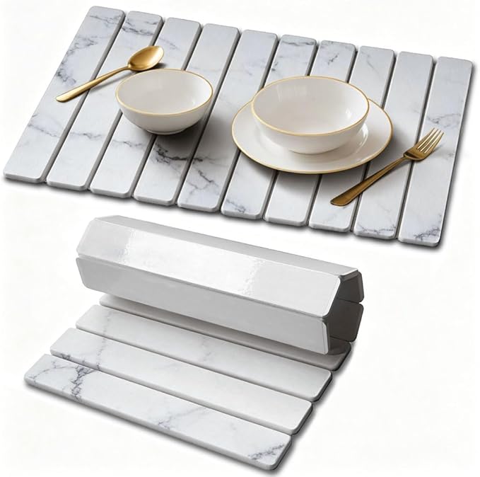 Stone Drying Mat for Kitchen Counter, Quick Diatomaceous Earth Mats for Dishes, 24"L x 16" W Super Absorbent Fast-Drying Collapsible Countertop Stone Mat (Marble White, 24" x 16")