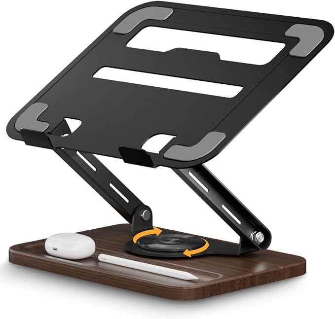 SupeDesk Adjustable Laptop Stand with 360° Rotating Base, Ergonomic Laptop Riser for Desk, Ventilated Notebook Stand with Storage Tray, Wood Base & Silicone Pads for Laptops, Tablets & Books
