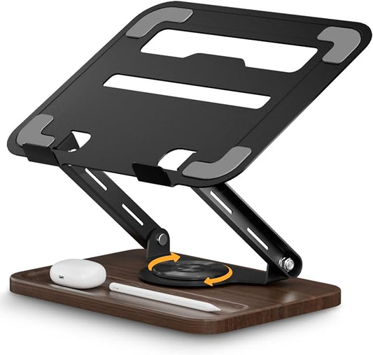 SupeDesk Adjustable Laptop Stand with 360° Rotating Base, Ergonomic Laptop Riser for Desk, Ventilated Notebook Stand with Storage Tray, Wood Base & Silicone Pads for Laptops, Tablets & Books