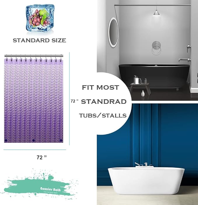 Purple 3D Crystal Plastic Shower Curtain Liner, 72x72 Inch Thin Lightweight Ice Cube Plastic Bathroom Shower Showroom Inner Curtain with Rustproof Metal Grommet Holes and Weighted Magnets