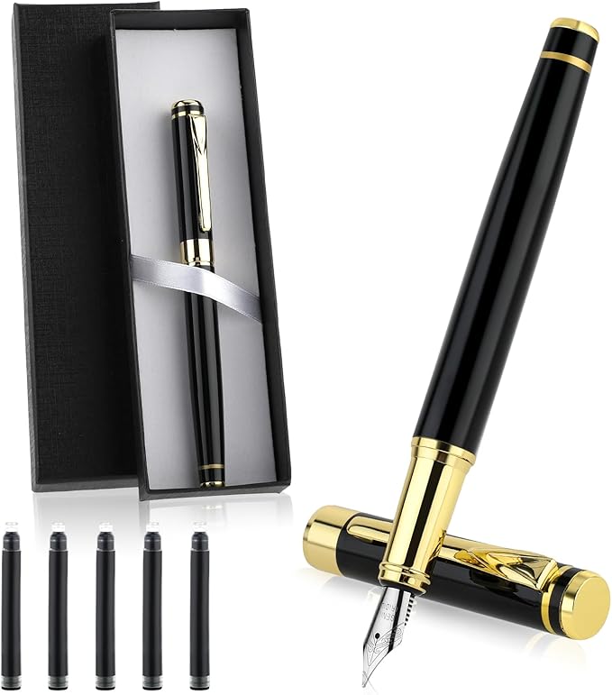 cobee Luxury Metal Fountain Pen, Fine Nib Fountain Pen Business Smooth Writing Pen with Ink Converter 5 Ink Cartridges Gift Box Calligraphy Pens for Writing Journaling Signature