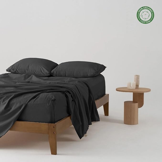 Pure 100% Certified Organic Cotton Bed Sheet Set 1000 Thread Count, 4 Piece Bedding Set, 24" Extra DEEP Pocket, Crisp and Cooling Sateen Weave, Eco-Friendly -(Dark Grey, King)