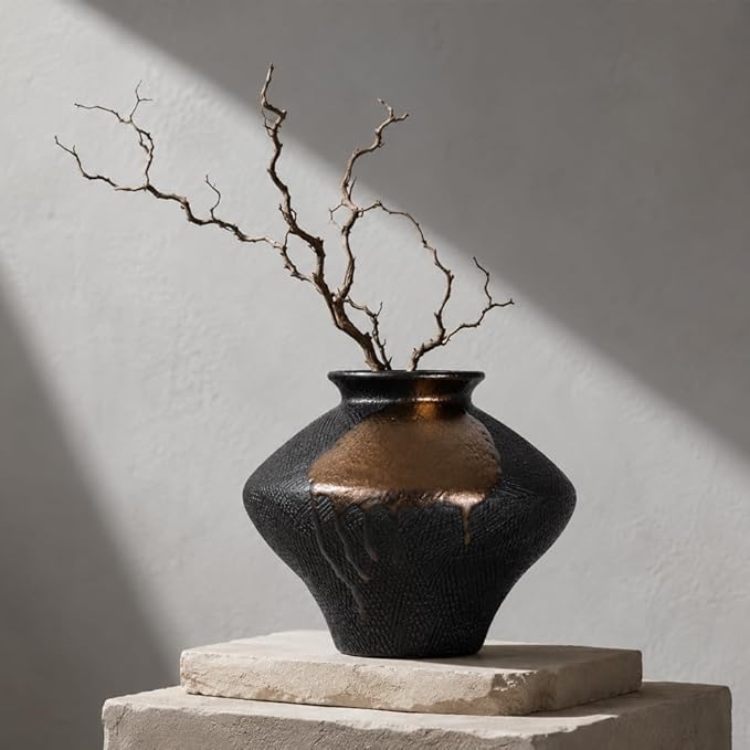 Black Wabi Sabi Vase, Small Rustic Ceramic Vase for Home Decor, Textured Black Pottery-Inspired Decorative Vase for Shelf Coffee Table Console Entryway Curated Modern Decor