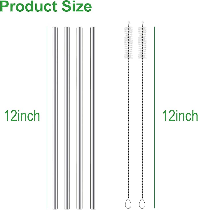 Metal Straws Reusable Compatible with Bioworld 40oz Tumbler，4Pcs Long Stainless Steel Drinking Straws with Cleaning Brush