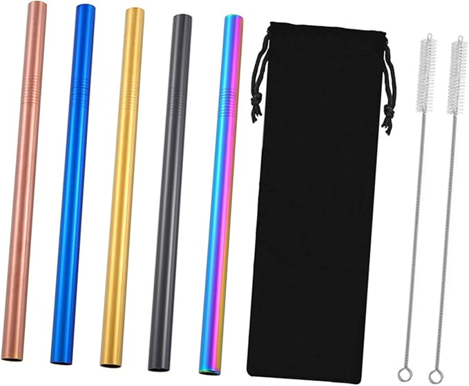 Homoyoyo Reusable Stainless Steel Drinking Straws Set 8pcs 304 Stainless Steel Rust-proof Straws with Cleaning Brushes and Carrying Pouch for Coffee Juice and Cocktail Use