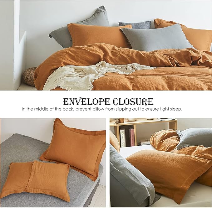 Simple&Opulence 100% Linen Duvet Cover Set 2pcs Basic Style Natural French Washed Flax Solid Color Soft Breathable Farmhouse Bedding with Button Closure - Rust, Twin