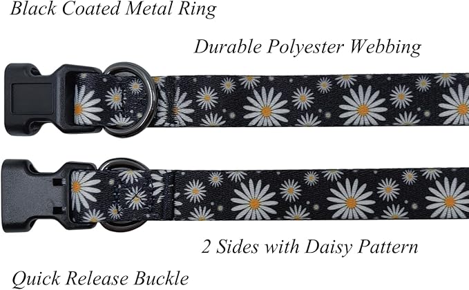 Dog Collar Leash Set, Floral Pattern, Polyester Material, Adjustable Collar and 5ft Matching Leash, for Large Dogs.(L, Black Daisy)