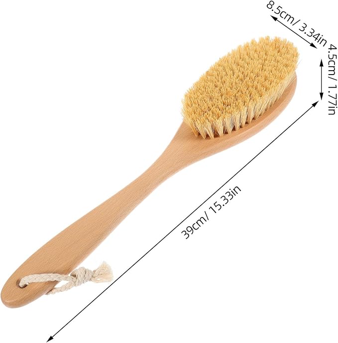 Mobestech Back Exfoliating Brush with Stiff Plant Bristles, Long Handle Bath Body Scrubber for Shower and Dry Brushing, Natural Beech Wood Back Scrubber for Deep Cleansing