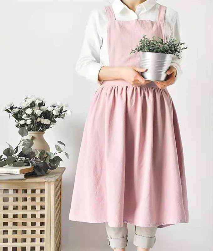 Cotton and linen Kitchen Cooking Aprons Dress for Women with Pockets Cute for Baking Painting Gardening Cleaning