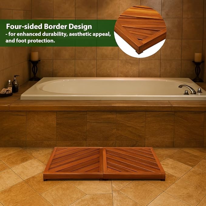 Teak Wood Bath Mat for Bathroom - (24.4" x 16.5") Non Slip Wooden Shower Mat Floor Sturdy Mats for Outside Inside Shower Luxury Spa Home or Outdoor