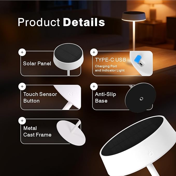 Solar Table Lamp, Rechargeable Outdoor Lamps for Patio Waterproof 3 Color Dimmable, Solar Lamp for Outdoor, Bedroom, Garden, Camping, Bathroom (White)