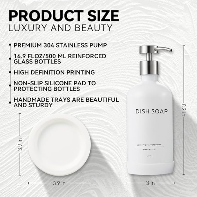 Glass Soap Dispenser Bathroom Set by Janxin, Foaming Kitchen soap Dispenser with Ceramic Tray for Dish Soap, Liquid Soap Dispenser for Hand Soap, Lotion, Body Wash (White+Silver)