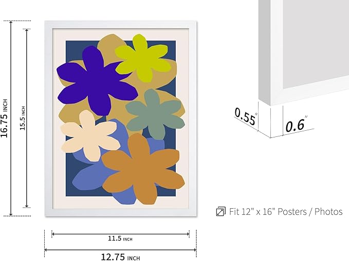 Monem Art Colorful Abstract Floral Shapes Print - Modern Minimalist Flower Art Poster - Wall Decor for Living Room, Bedroom or Office - 12x16 White Framed Wall Art by Rs Lab Studio