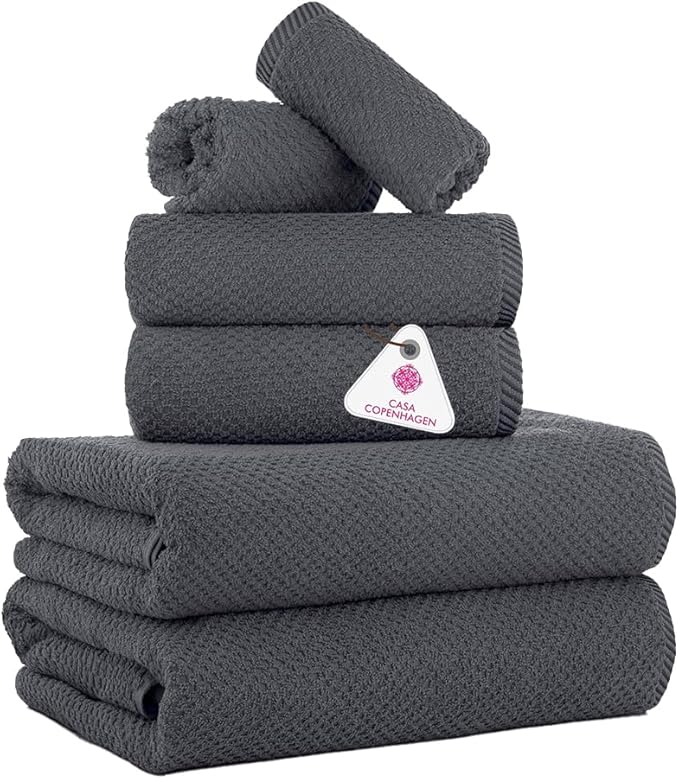CASA COPENHAGEN Popcorn 6Pcs 100% Egyptian Cotton Large Designer Towels Gift Set- Pinstripe Grey, 600GSM, 2Bath 2Hand 2Washcloths, Bath Towels for Bathroom Set for Women & Men