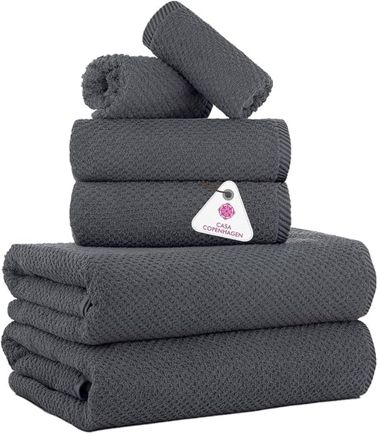 CASA COPENHAGEN Popcorn 6Pcs 100% Egyptian Cotton Large Designer Towels Gift Set- Pinstripe Grey, 600GSM, 2Bath 2Hand 2Washcloths, Bath Towels for Bathroom Set for Women & Men