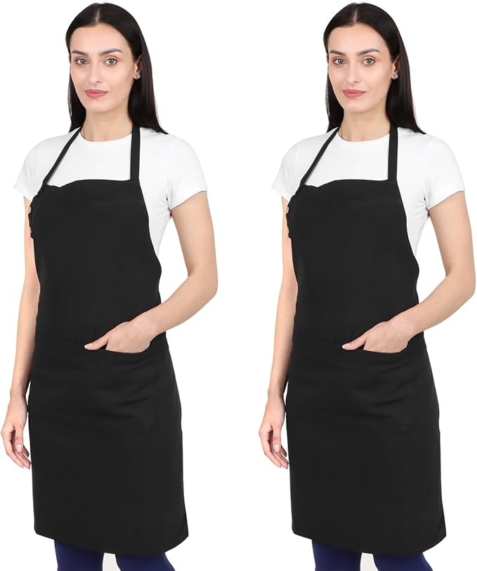 Kitchen Apron Waterdrop Resistant 2 Pack Cotton Apron with adjustable Aprons for Women with Pockets Cooking Apron Men Unisex (Black)