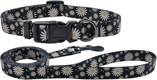 Dog Collar Leash Set, Floral Pattern, Polyester Material, Adjustable Collar and 5ft Matching Leash, for Large Dogs.(L, Black Daisy)
