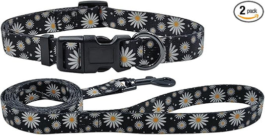 Dog Collar Leash Set, Floral Pattern, Polyester Material, Adjustable Collar and 5ft Matching Leash, for Small Dogs.(S, Black Daisy)