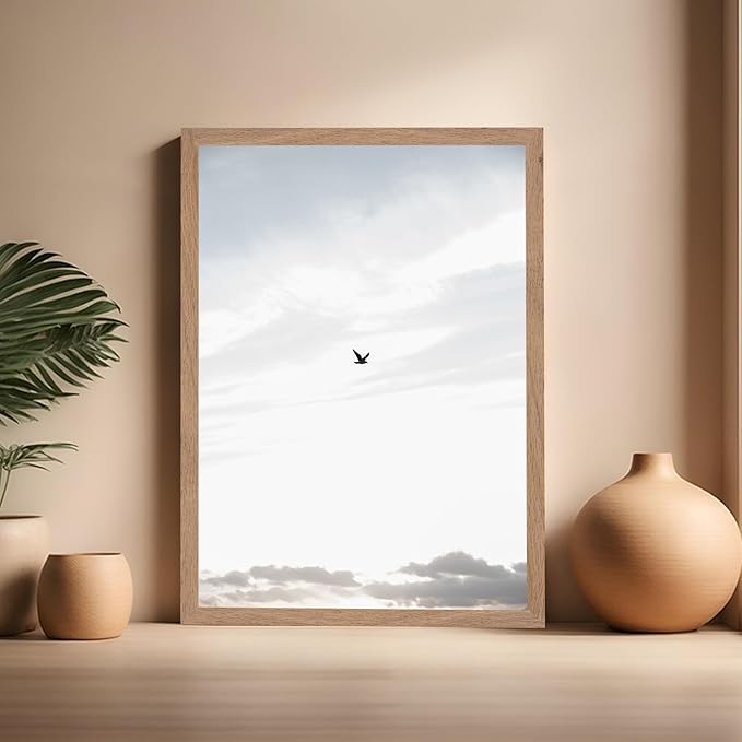 Monem Art Minimalist Bird in Sky Photography Print - Moody Nordic Landscape Art Poster - Wall Decor for Living Room, Bedroom or Office - 16x20 Beige Framed Wall Art by Mareike Bohmer