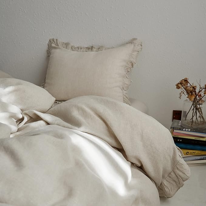 100% French Linen Euro Shams with Ruffles - Set of 2 - Washed Solid Color Natural Flax Soft Breathable Pillow Covers - Linen, 26'' x 26''
