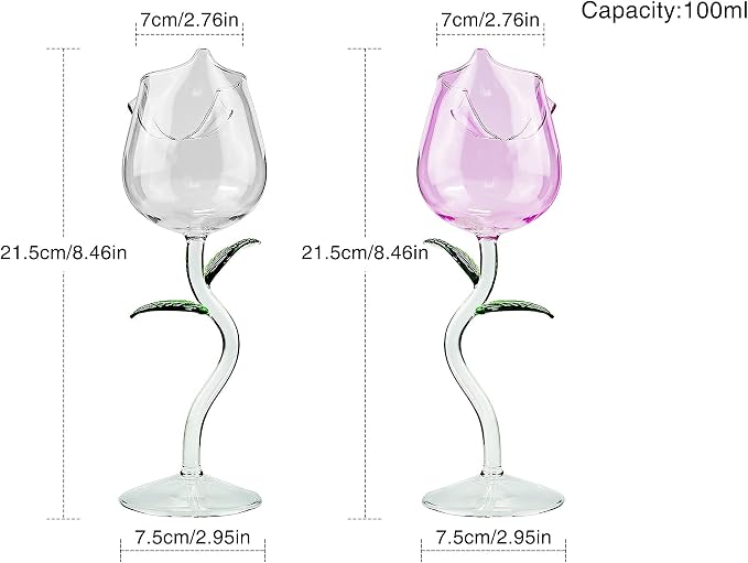 Rose Flower Wine Glasses, Creative Red Wine Glass Set of 2 Rose Flower Goblet Wine Cocktail Juice Glass for Party Dinner Wedding Festival Kitchen Bar Celebration (100ml，2Pcs)
