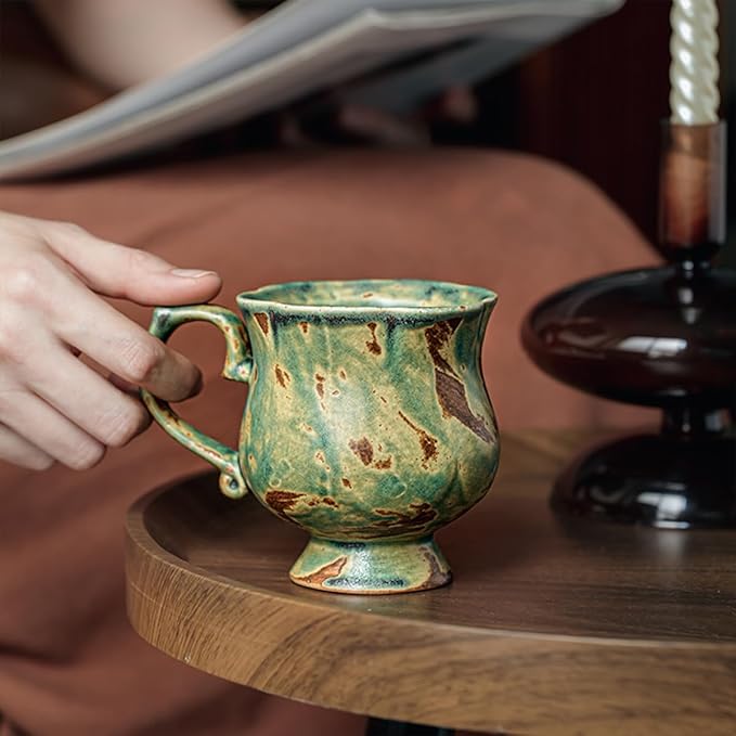 10 oz Footed Ceramic Mug, Turquoise & Brown Glazed Coffee Cup, Rustic Handmade Tea Cup with Handle for Home Office, Dishwasher & Microwave Safe