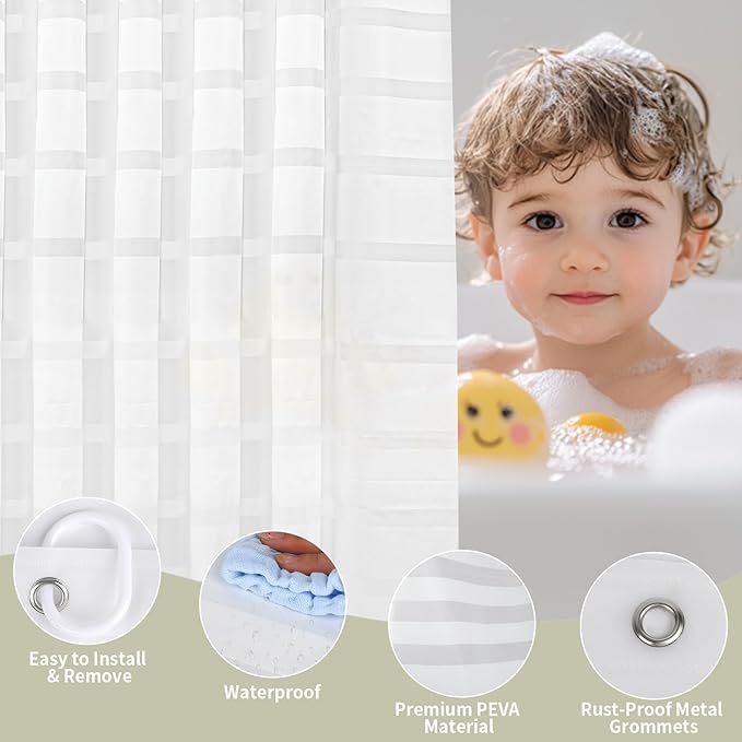 PEVA Shower Curtain Liner - 71x71 Eco-Friendly & Odorless, Clear Striped Waterproof Bathroom Liner, Quick-Dry & Water-Repellent, Heavy-Duty Reinforced Grommets with Hooks