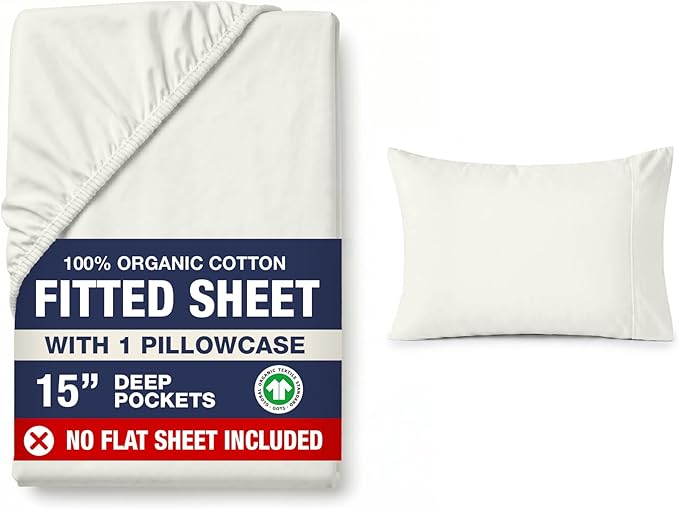 LANE LINEN Twin Size Fitted Sheet, 100% Organic Cotton, 2-Piece Set (1 Fitted Sheet & 1 Pillowcase), Percale Weave, Ultra Soft, Breathable, Fits Mattress Upto 15" Deep - Glacier Grey (No Flat Sheet)
