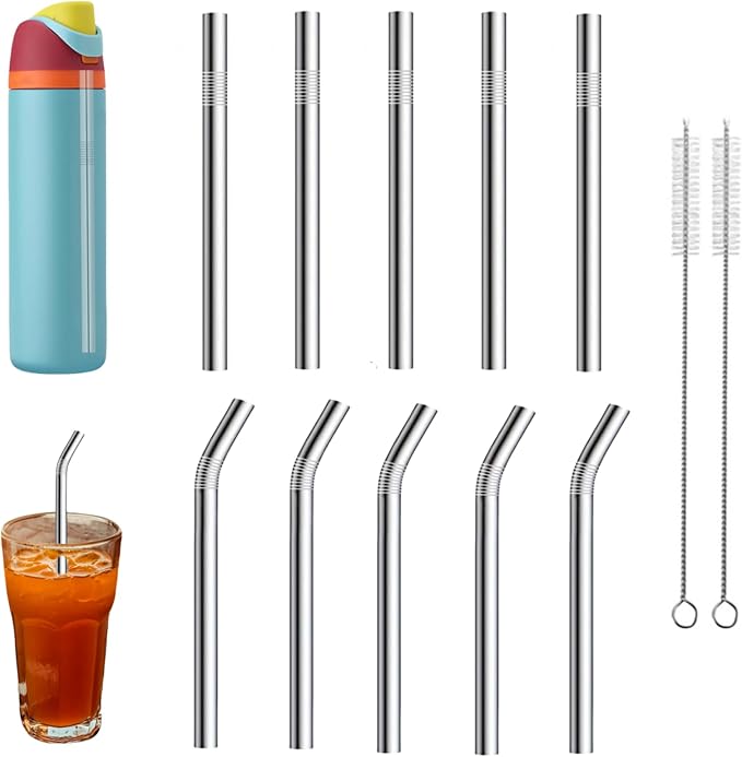 10 Pack of Reusable Stainless Steel Metal Straws,5 Straight 5 Bent L 8.3 inch D 0.39 inches Straws,With 2 cleaning brushes,Suitable for Owala Water Bottle 24 oz 32 oz,Drinking Mug,Glass Mug