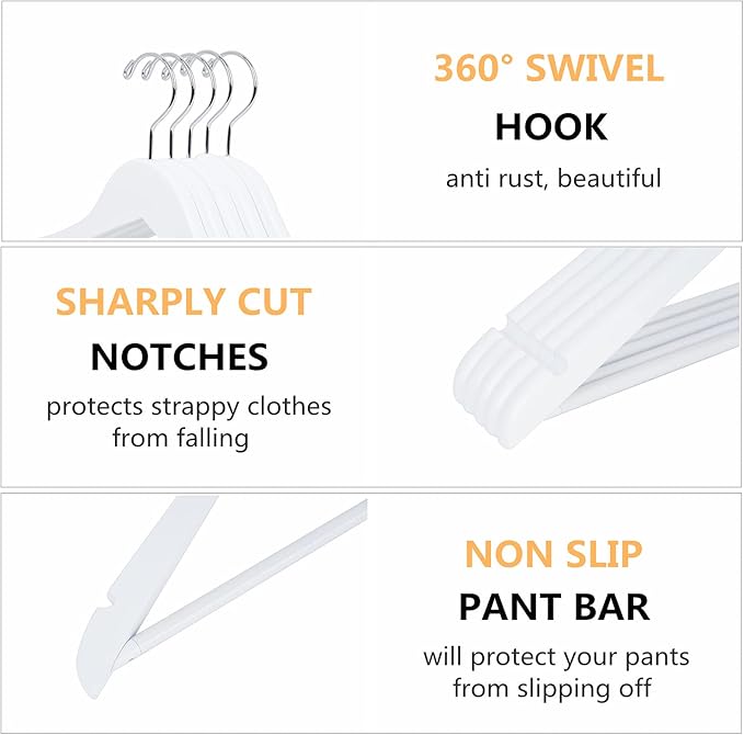 Amber Home 20 Pack 15" White Wooden Clothes Hangers for Woman, Teenager Clothing Hangers for Shirt Jacket, Solid Wood Dress Coat Hangers with Non Slip Pants Bar (White, 20)