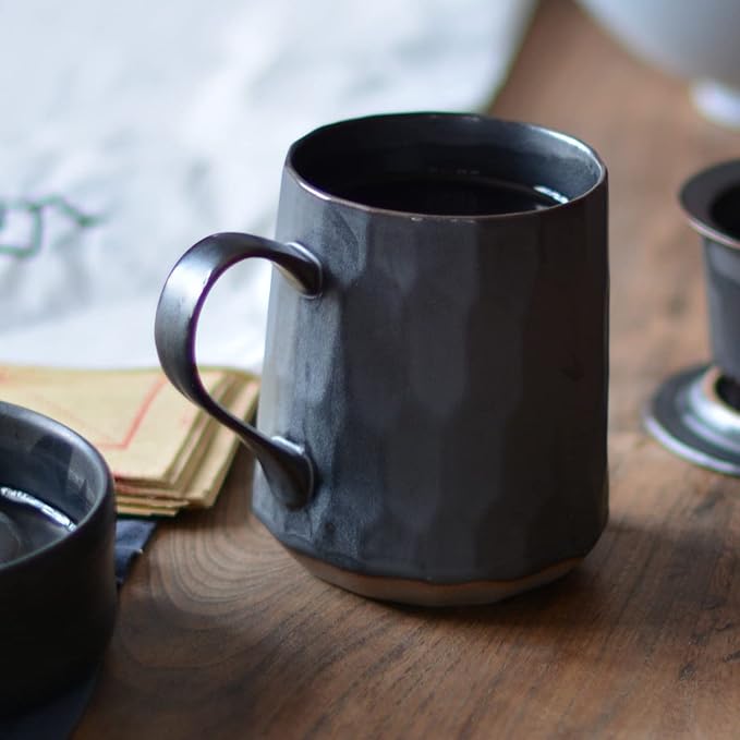 Personalized Handmade Stoneware Coffee Mug, Pottery Artisan Drinking Cup Coffee Cup, Insulated Ceramic Tea Mug for Home, Office or Gifts, Artistic Geometric, Metallic Black 14oz