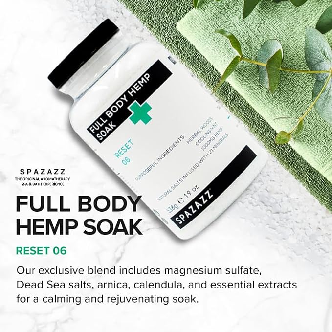 Spazazz Full Body Hemp Soak - 1000mg Hemp - Spa Hot Tub & Bath Aromatherapy Bath Salt Crystals - 538g/19oz (Reset 06)