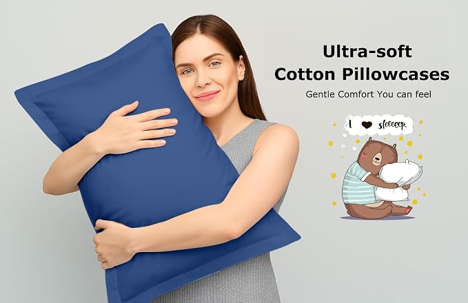 2 Pack Pillow Shams King Size 20x40 – 600 Thread Count 100% Organic Cotton Medium Blue Pillow Covers with 2 Inch Decorative Flange, Soft & Smooth Premium Hotel-Quality Pillowcases Set of 2