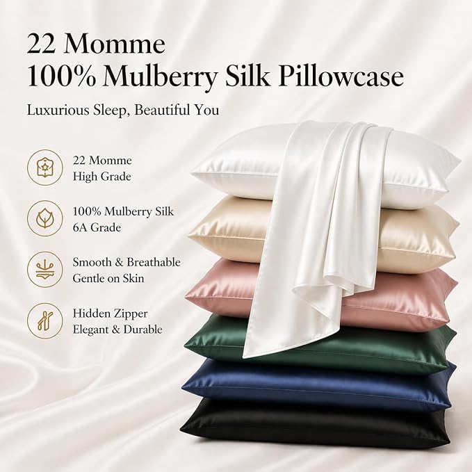 Oeko-TEX Certified White Silk Pillow Cases Made in USA, 100% Real Silk Pillowcase for Hair and Skin, 22 Momme, Standard Size,1 Pc 20"x26" (Standard, White)