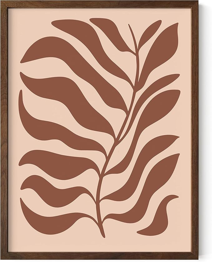Abstract Organic Leaf Silhouette Wall Art Botanical Shapes Earth Tones Terracotta Mid Century Modern 12x16 Inch Oak Wood Walnut Framed Minimalist Print for Bedroom Decor