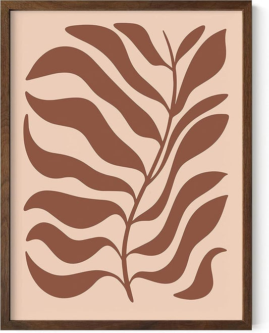 Abstract Organic Leaf Silhouette Wall Art Botanical Shapes Earth Tones Terracotta Mid Century Modern 12x16 Inch Oak Wood Walnut Framed Minimalist Print for Bedroom Decor