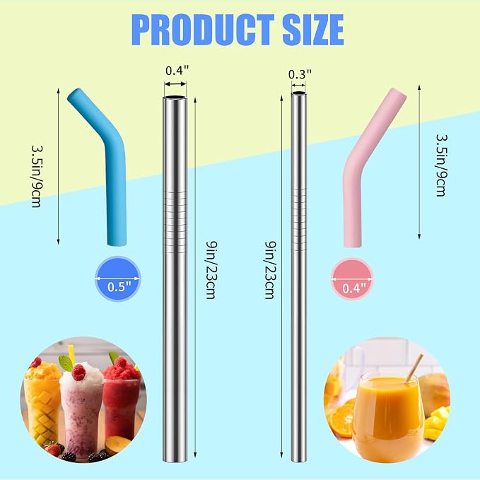 2 Size Stainless Steel Straw with Silicone Tip 6 Pack, 9 inch Reusable Metal Drinking Straws for Cocktail Glasses, 20 30 32oz Tumblers Cups, Smoothies, with Cleaning Brush & Portable Bag