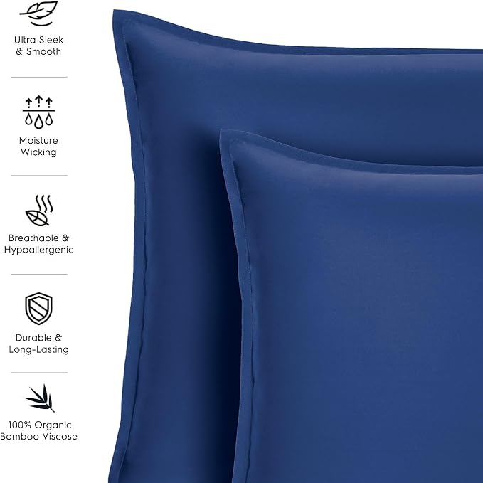 Tafts Pillow Cases Standard Size - Pure 100% Viscose Derived from Bamboo Luxuriously Soft, Silky, Cooling, Double Stitched, Envelope Closure (2 Pillowcases, Navy Blue)