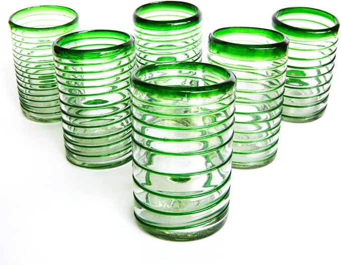 Emerald Green Spiral 120 oz Pitcher and 6 Drinking Glasses set, Recycled Glass, Lead-free, Toxin-Free (Pitcher & Glasses)