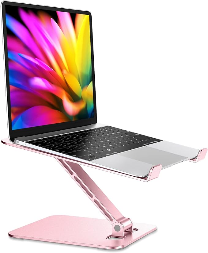 RIWUCT Foldable Aluminum Alloy Laptop Stand for Desk, Height Adjustable Ergonomic Computer Stand, Portable Laptop Riser Holder Printer Stand Compatible with MacBook Pro Air/HP/Dell 10-16", Pink