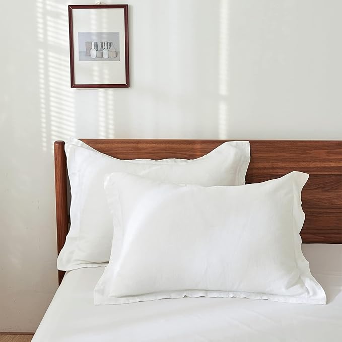 100% French Linen Pillow Shams Basic Style - Pack of 2 - Washed Solid Color Natural Flax Soft Breathable - White, 20'' x 36''