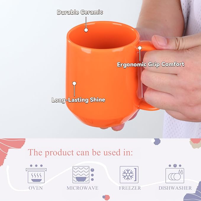 Miicol Ceramic Coffee Mug, 16 oz Large Coffee Cup, Tea Mug with Handle, Flat Bottom Mug for Men, Women, Office, Microwave and Dishwasher Safe, Multi-Color, Sun Orange