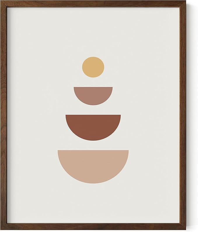 Minimalist Geometric Wall Art Stacked Semi-Circle Shapes Earth Tones Terracotta Brown Mid Century Modern 16x20 Inch Oak Wood Walnut Framed Abstract Print for Office