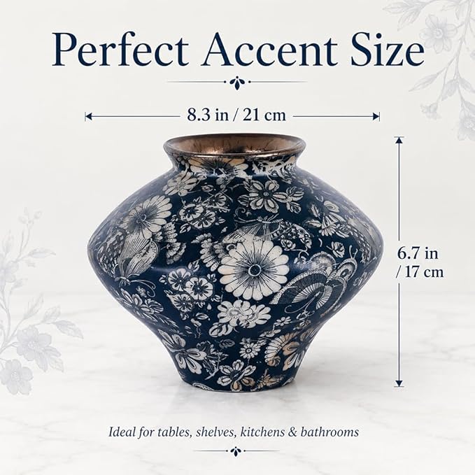 Small Wabi Sabi Blue and White Vintage Ceramic Vase, 6.7" Rustic Pottery Vase for Centerpieces, Chinoiserie Decorative Flower Vases for Table, Living Room, Bathroom, Kitchen, Farmhouse Home Decor Gift