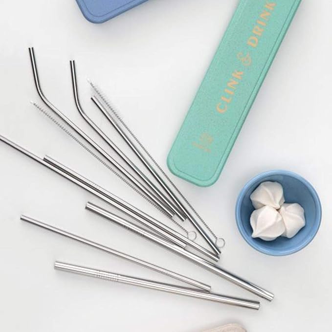 Designworks Ink, Straw Set Stainless Clink and Drink Mint 8 Count
