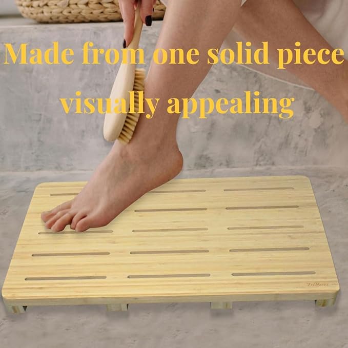 Bamboo Shower Mat 19.5 x 12 x 1.7, Solid Slatted Wooden Bath Mat, No Coating, One-Piece Design, Non-Slip Surface for Bathroom, Spa, Indoor Entryway, Available in 3 Sizes