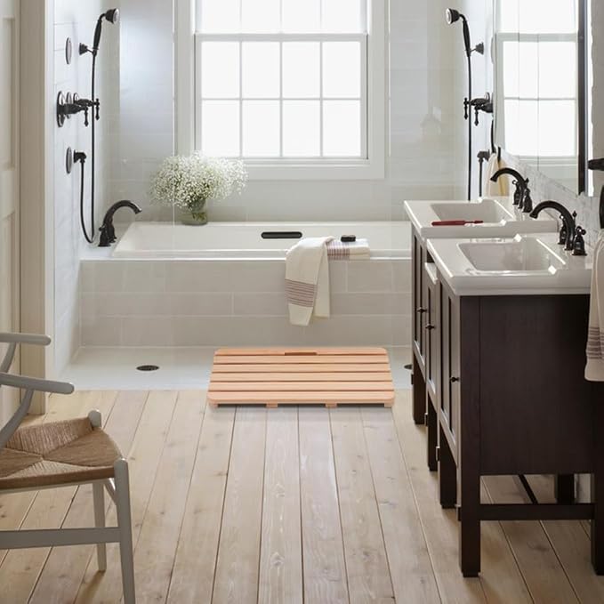 Wooden Bath Mat Non-Slip Hinoki Cypress Wood Shower Mat Waterproof Luxury Spa Bathtub Mat for Indoor or Outdoor Use, 21 x 14 x 1 Inches