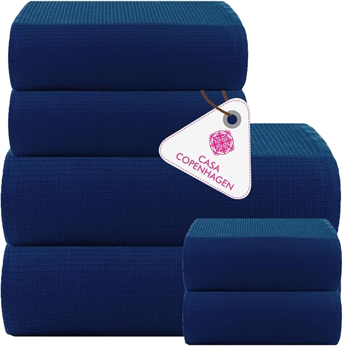 CASA COPENHAGEN Waffle 6Pcs 100% Egyptian Cotton Large Designer Towels Gift Set- Deep Blue, 2Bath 2Hand 2Washcloths, Bath Towels for Bathroom (Box Pack, Gift Set for Women & Men)