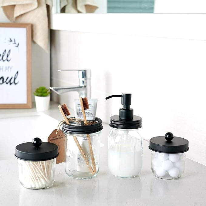 Amolliar Mason Jar Liquid Soap Dispenser, 16OZ Refillable Glass Soap Dispenser for Bathroom, Hand Soap, Dish Soap, Lotion Dispenser for Kitchen, Farmhouse Decor, Soap Pump Bottle, Black 2 Pack